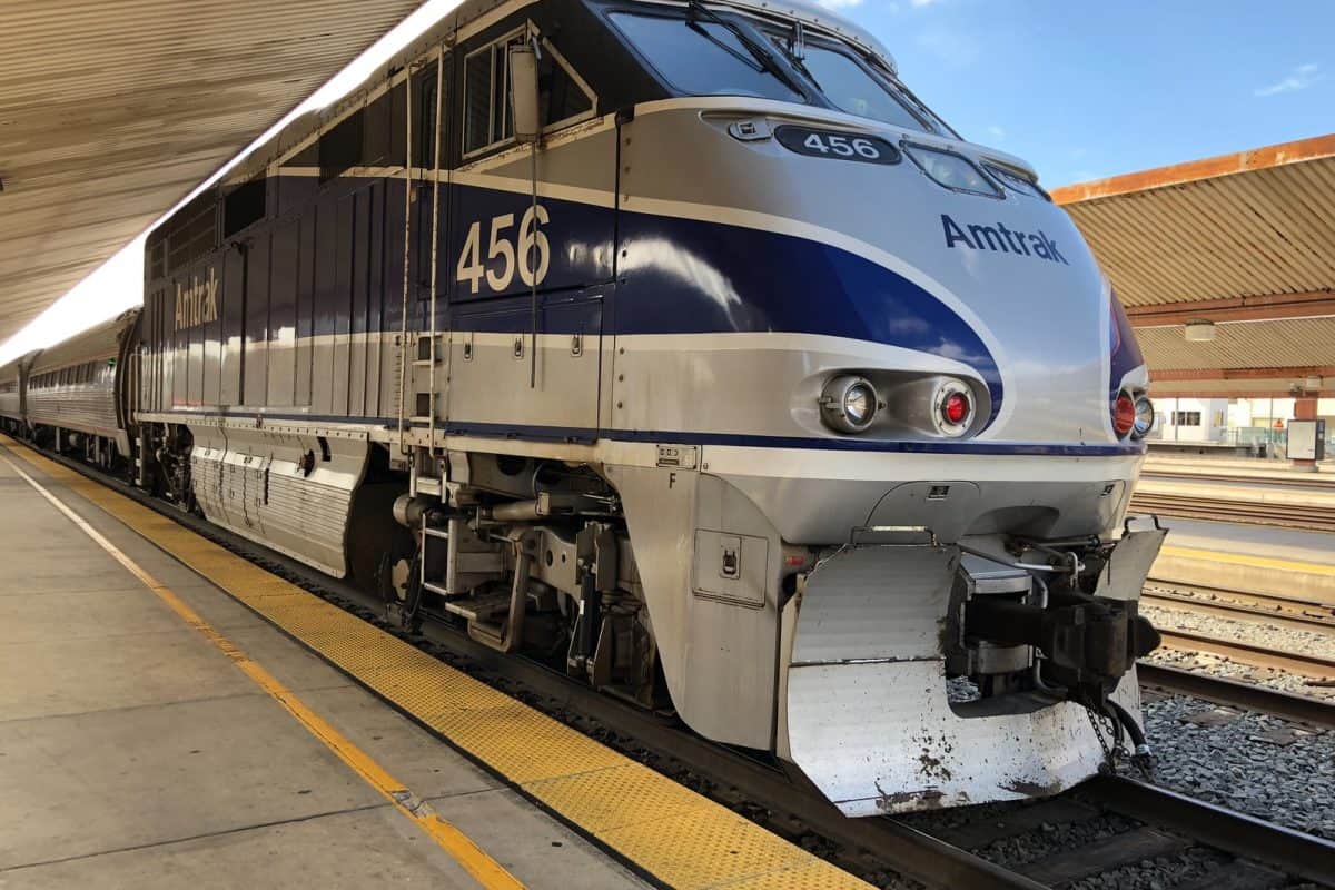 An Amtrak train sits at the station, ready for passengers