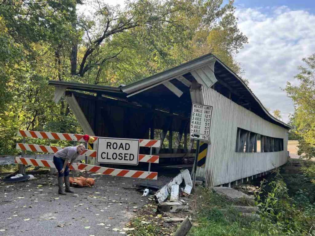 Brubaker Covered Bridge damage caused by truck