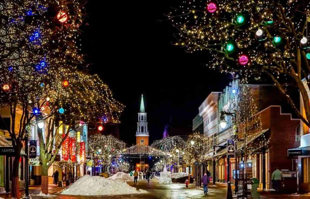 town decorated in Christmas lights