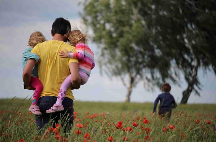 man carrying two girls on field of red petaled flower