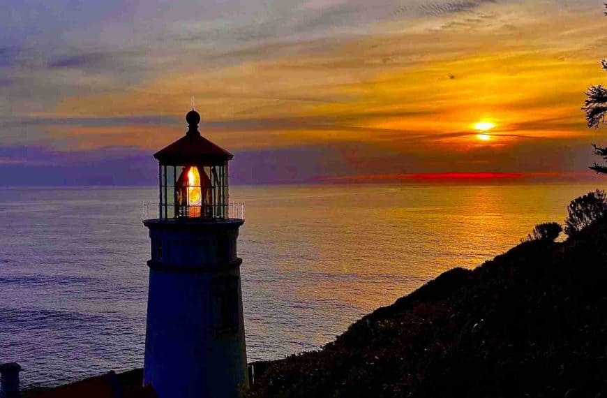 sunset at Heceta Head Lighthouse in north Florence, OR