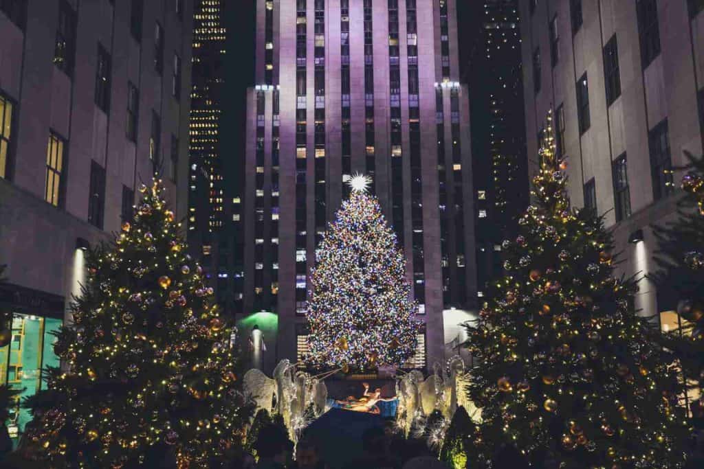 lighted Christmas trees in Rockefeller Center, NYC