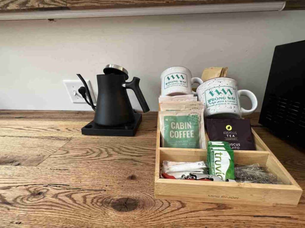coffee, tea, kettle in cabin at Wrong Way Campground