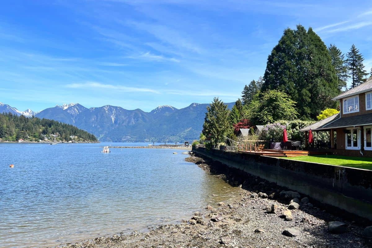 View of water and mountains from Snug Cove on Bowen Island