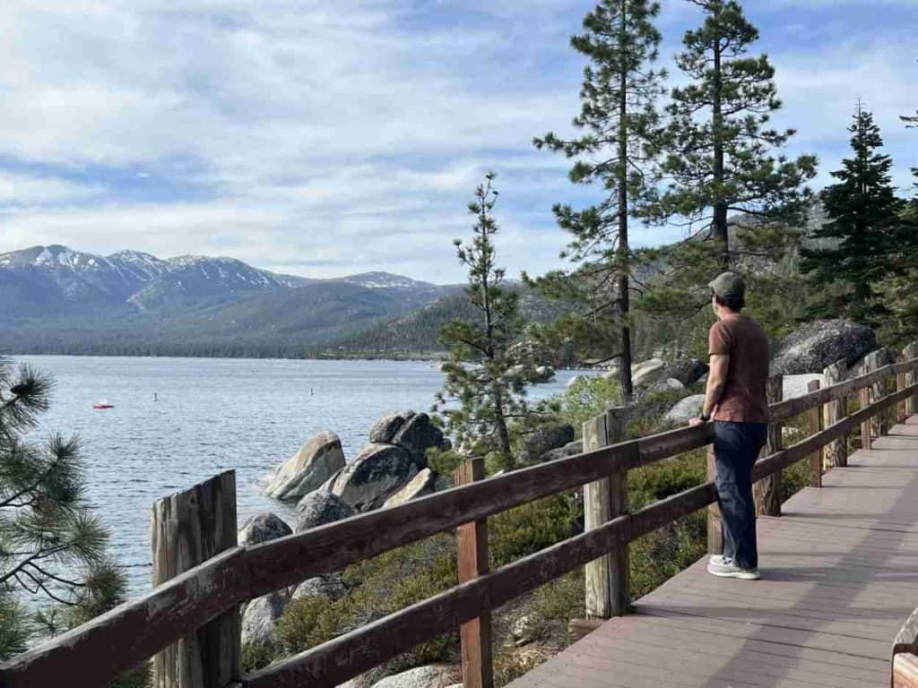 Enjoying a view of Lake Tahoe from a walking path