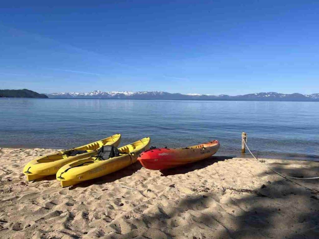 Kayaks along the shore at Lake Tahoe