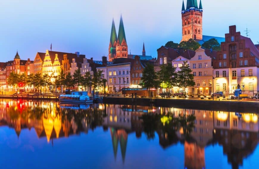 Reflections of buildings on the water in Lubeck.