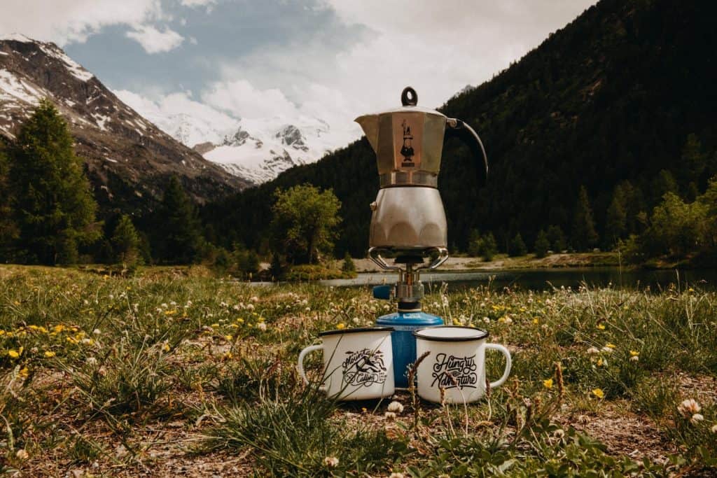 espresso pot with mountain view