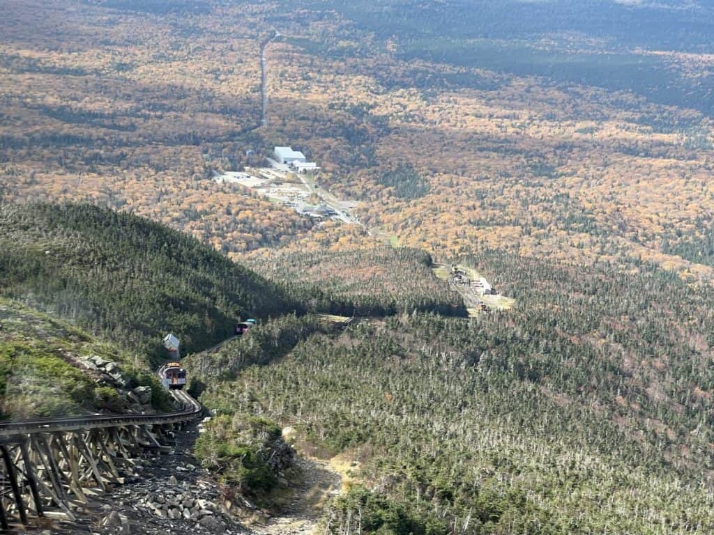 The Cog trains going down Mount Washington in New Hampshire