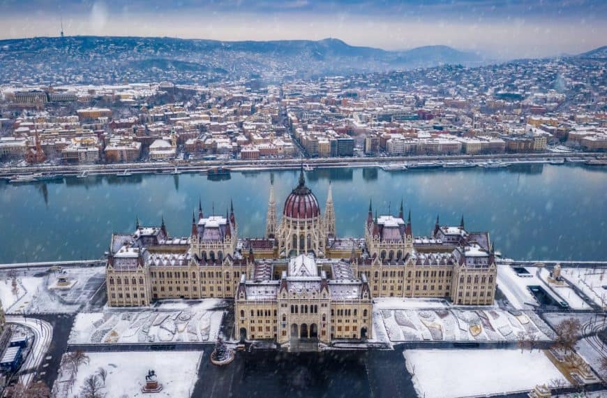 Snow falling over Budapest