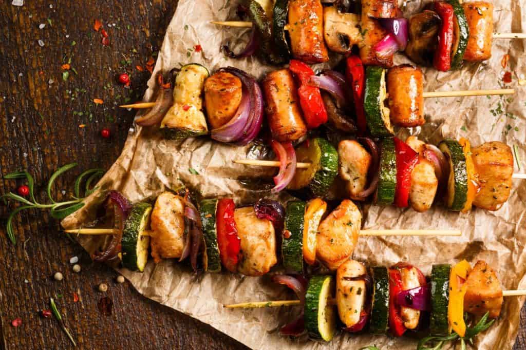 camping meals - skewers of meat and veggies