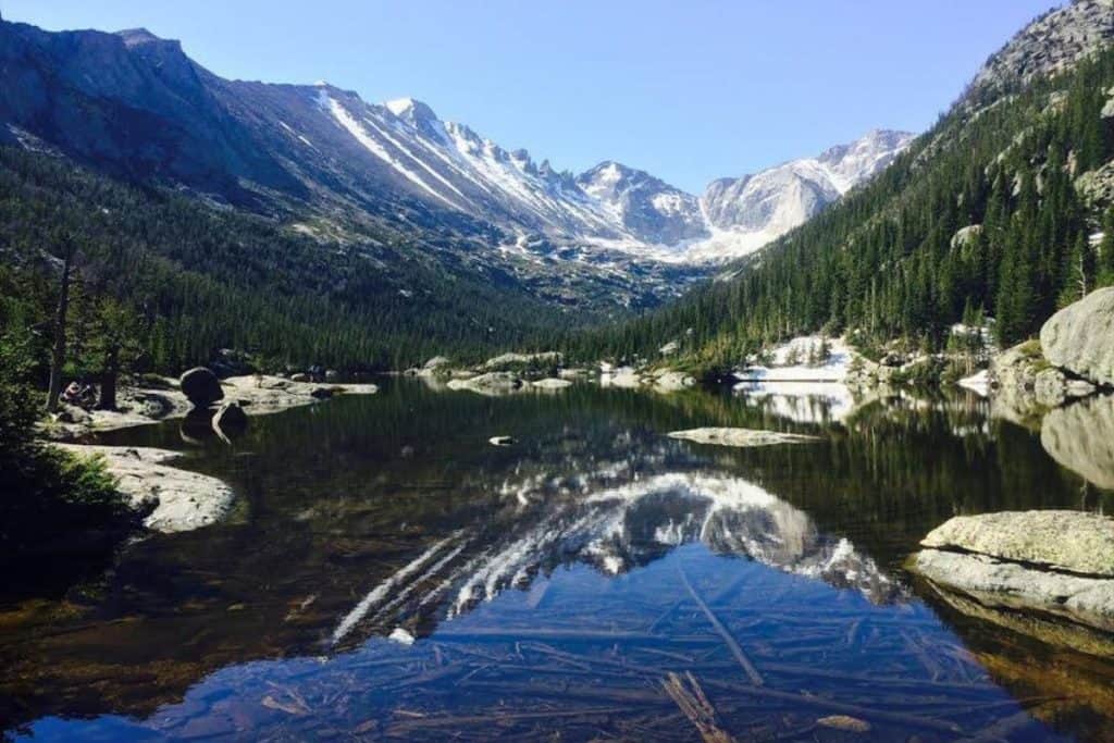 Mountains reflecting in water at Rocky Mountain National Park