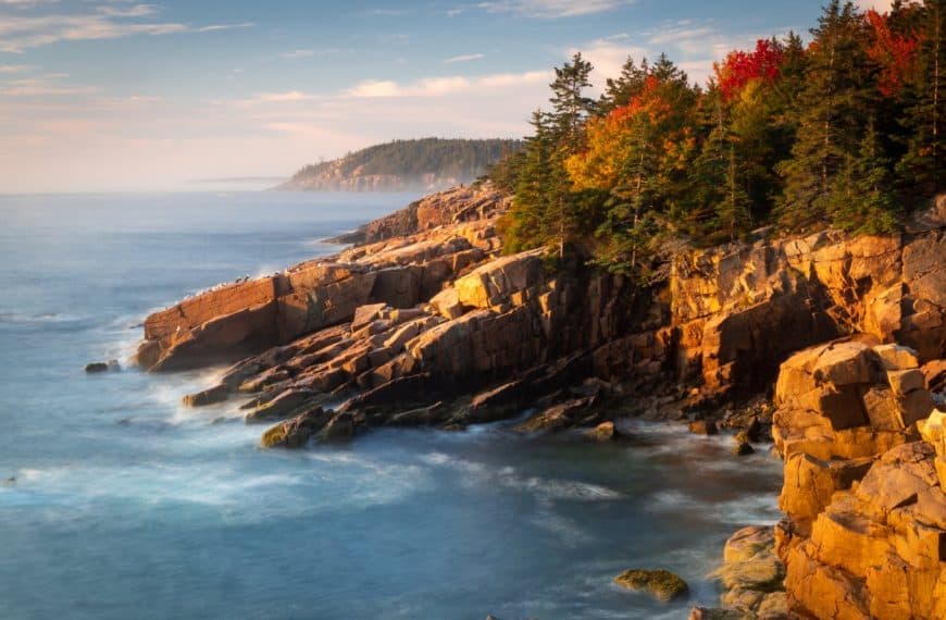 Aerial view of Acadia National Park's rugged coastline