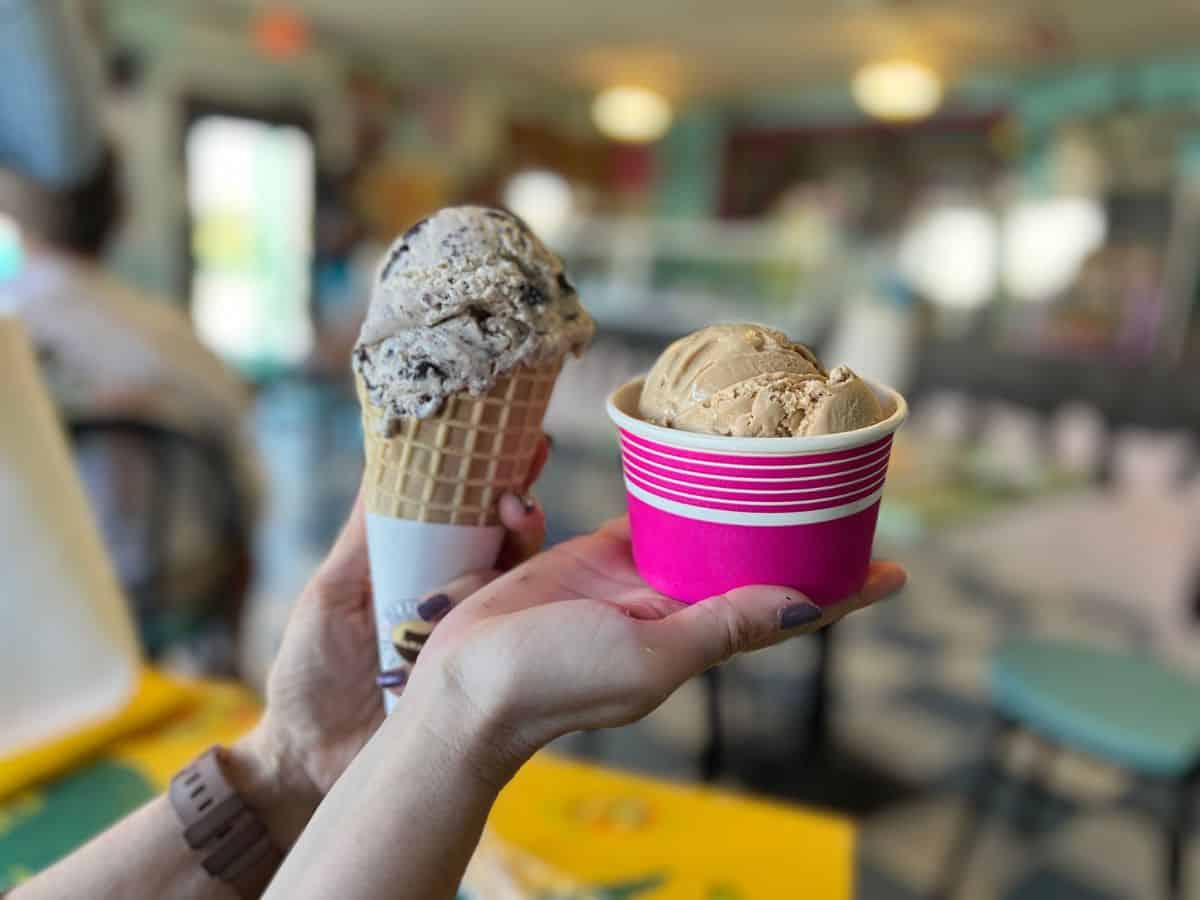 A person holds an ice cream cone in one hand and a cup of ice cream in the other.