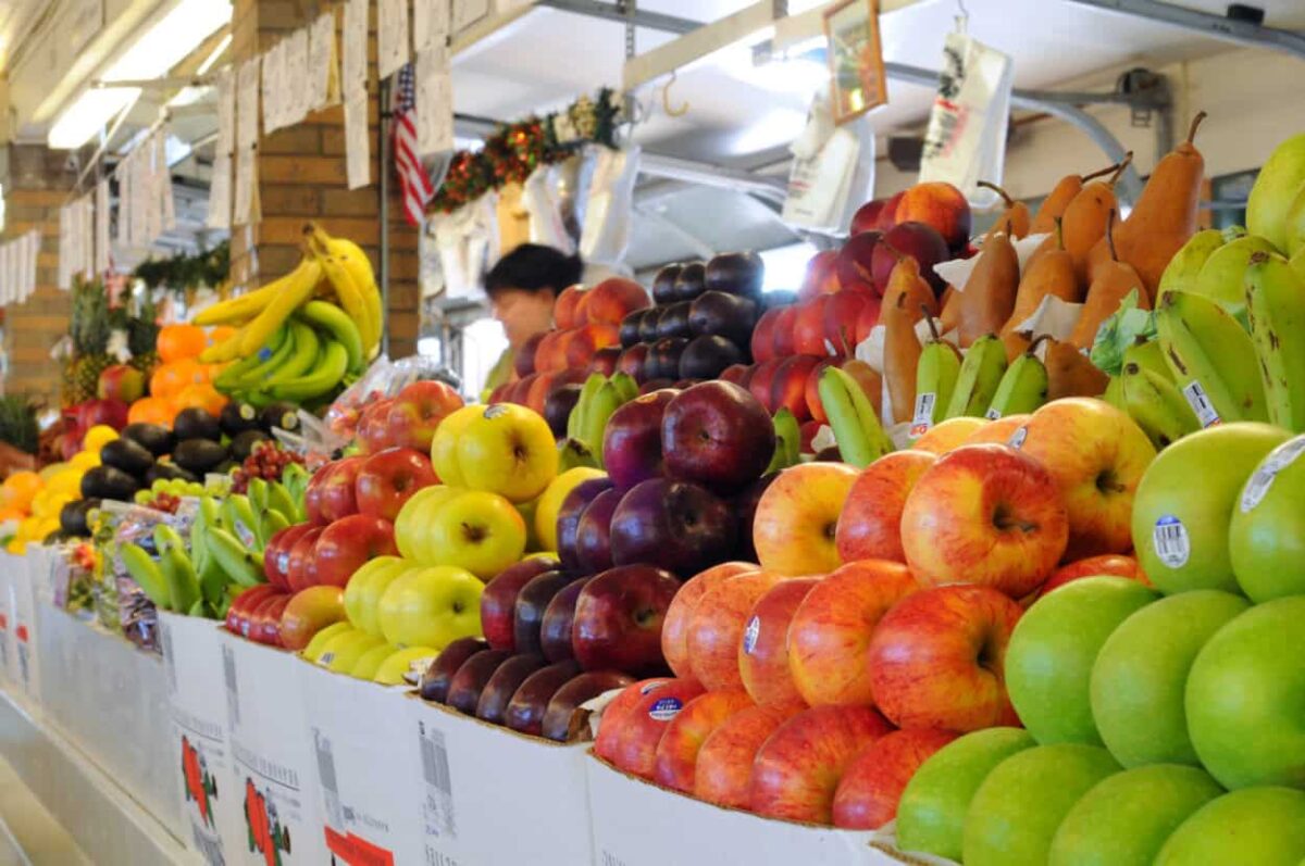 Boxes of fruit at a public market