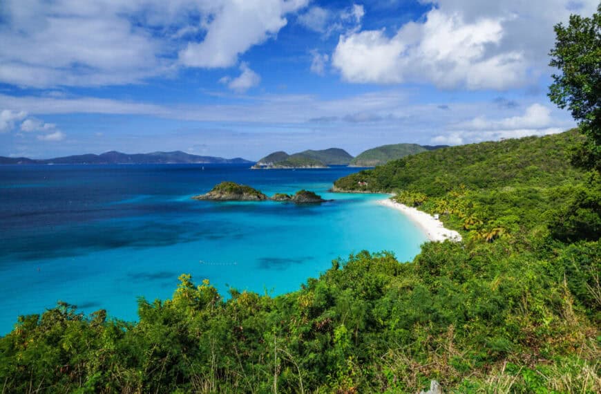 Green trees line the shores of a white sand beach with turquoise waters