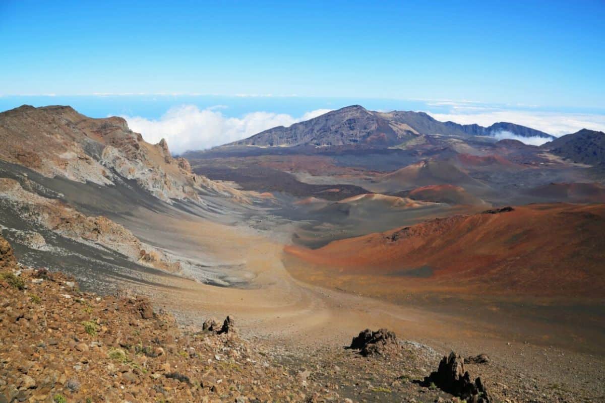 Slopes of various colors along a crater in Haleakala National Park