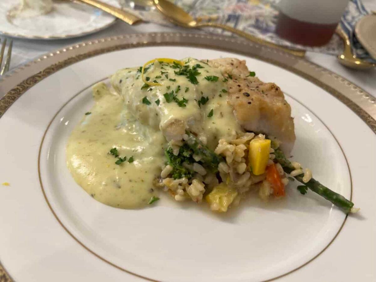Grouper filet with lemon basil cream sauce and parmesan risotto