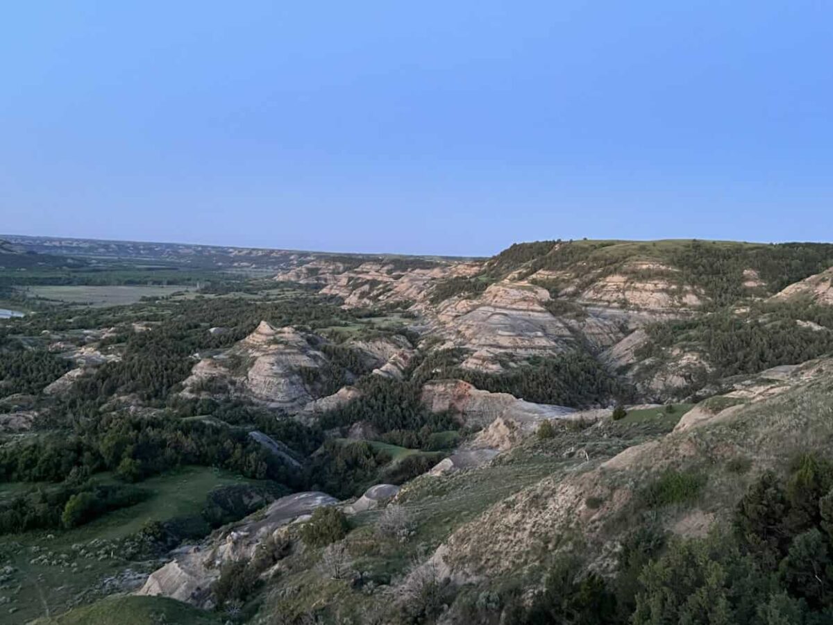 Mixed landscapes of badlands and vegetation along the Little Missouri River