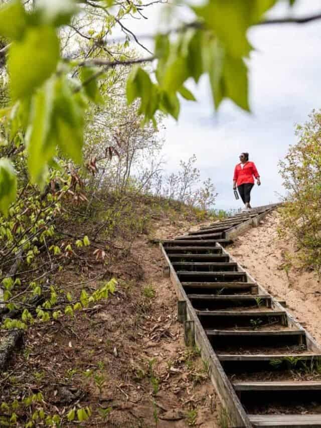 A woman hikes down a trail with wooden steps