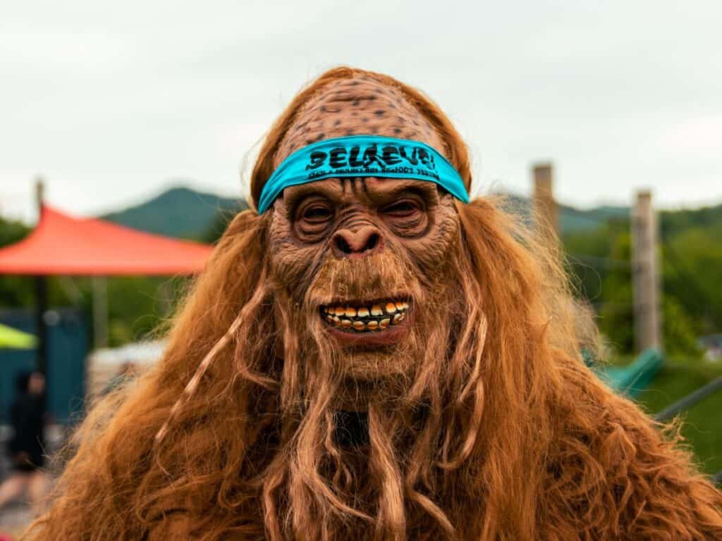 A man wears a Bigfoot costume