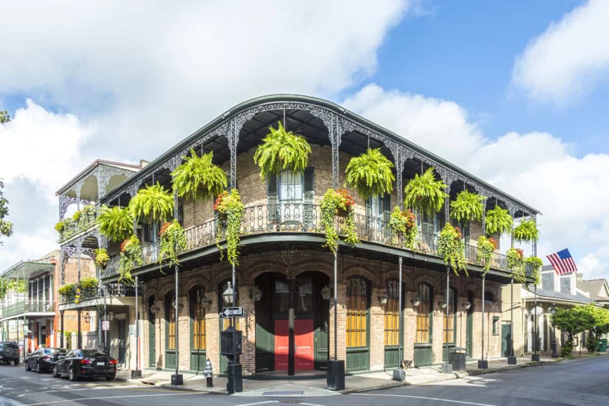 Ferns hang from a historic building in the French Quarter, Louisiana