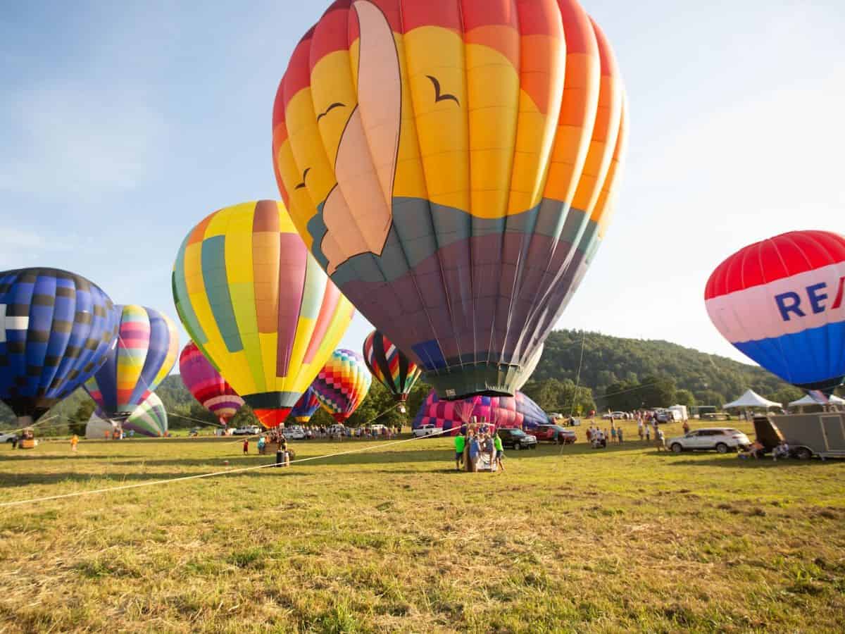 A grassy field is full of hot air balloons
