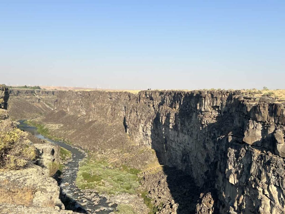The Malad River runs through Malad Gorge revealing steep canyon walls.