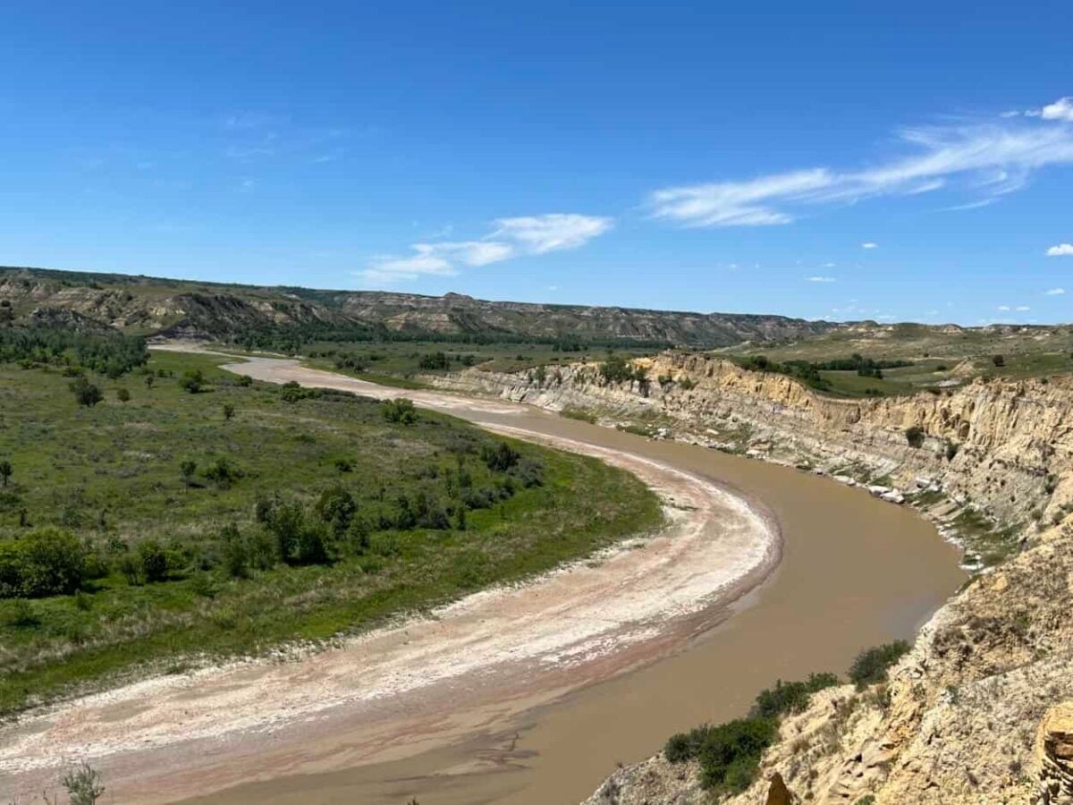 The Little Missouri River flows around a bend with steep canyon walls in Theodore Roosevelt National Park South Unit