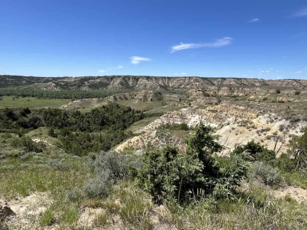 Colorful badlands stand out agains the green prairies and blue skies