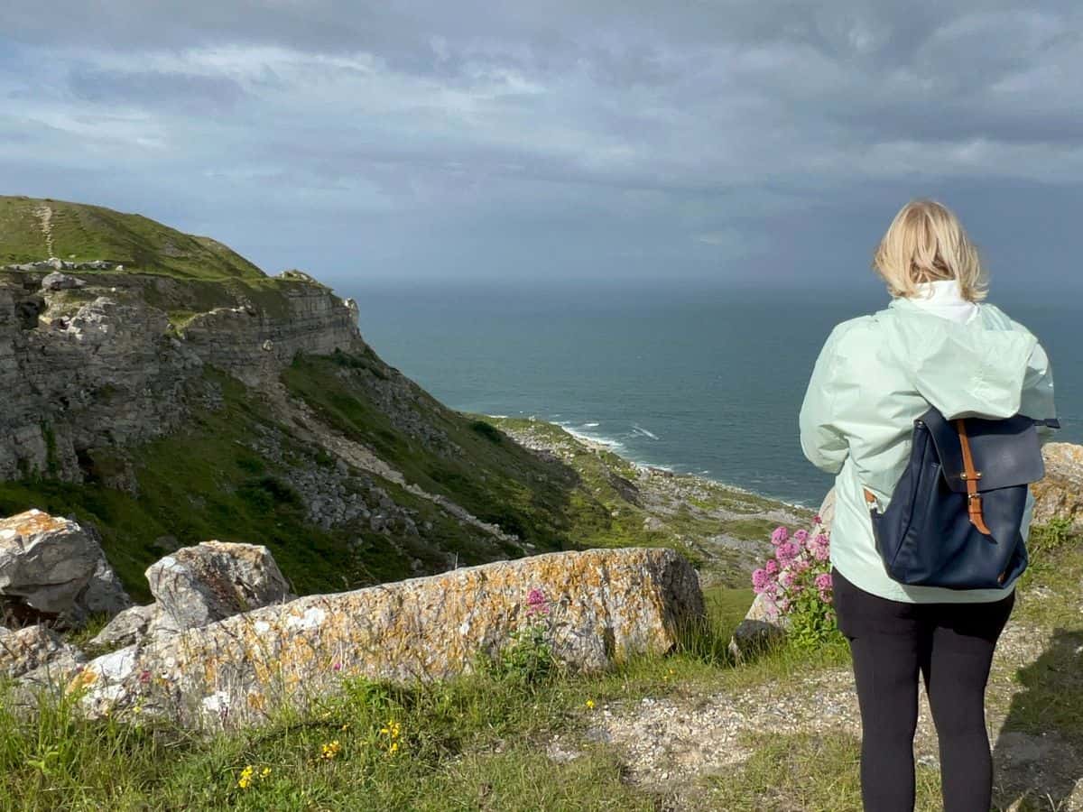 A woman looks at the coast from a high cliff.
