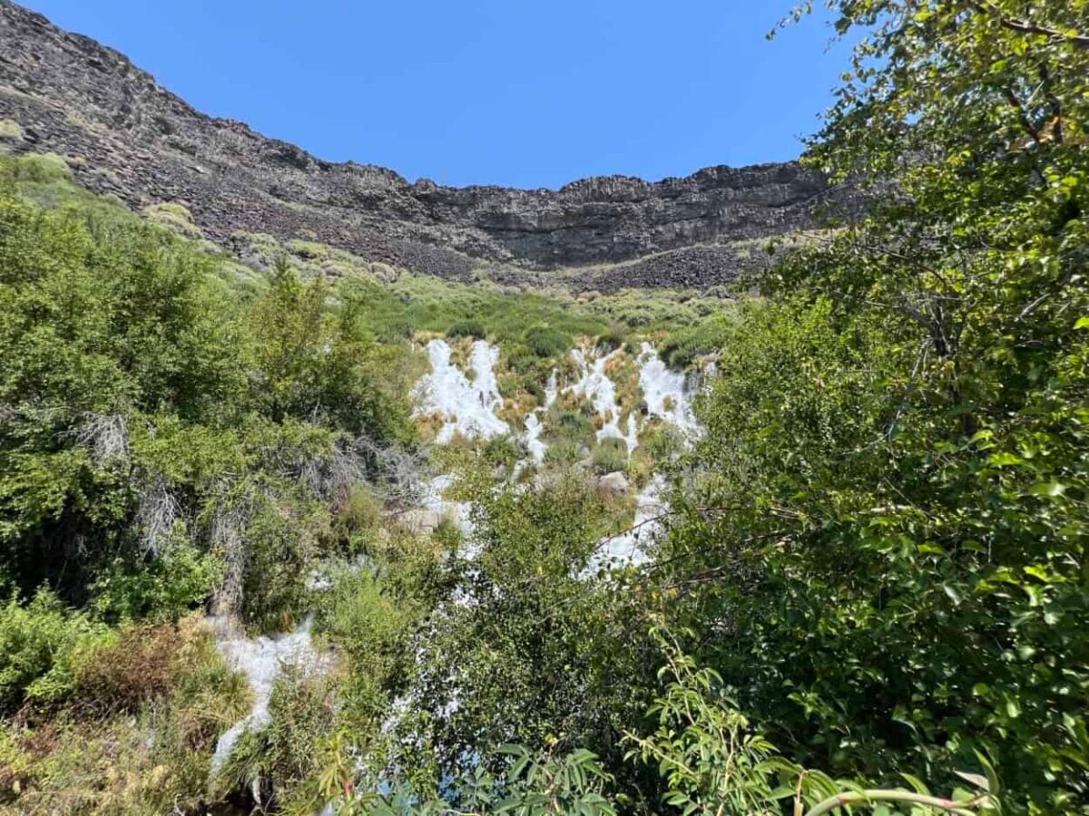 A cascading waterfall runs through a grassy mountain.