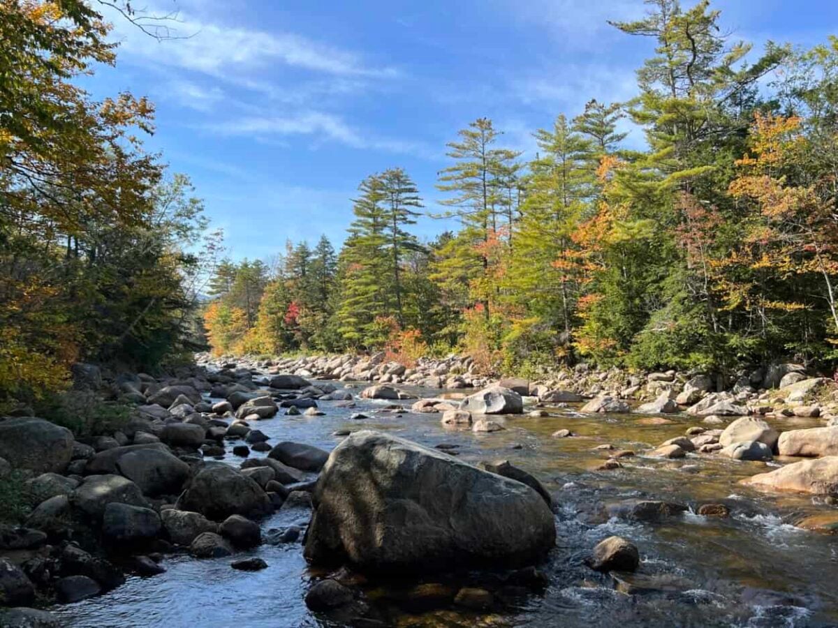 A river flows around a large rock.