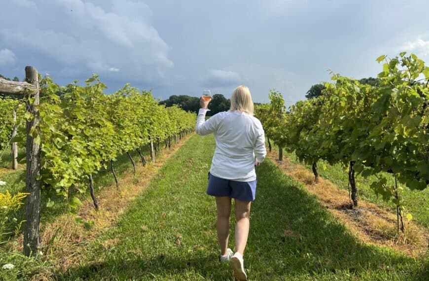 A woman walks through vineyards while holding a glass of wine.