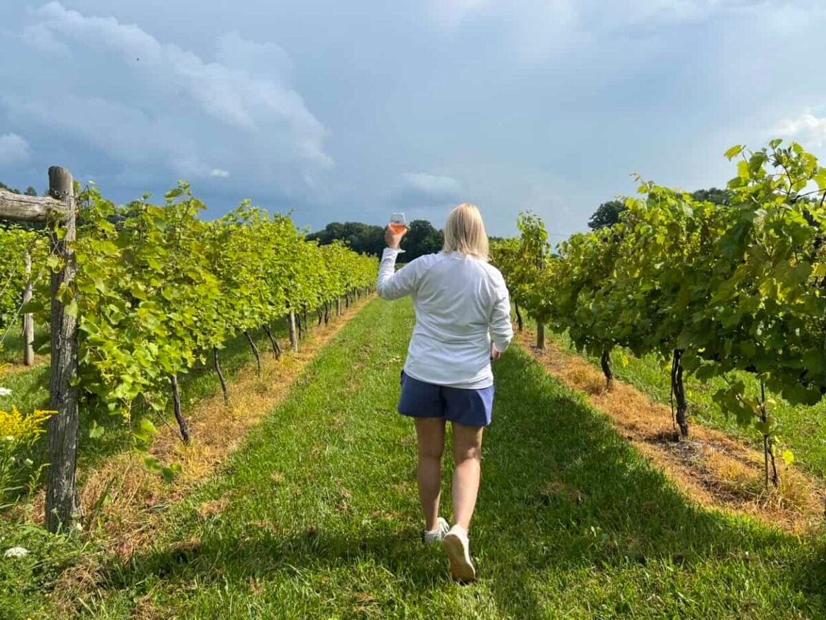 A woman walks through vineyards while holding a glass of wine.