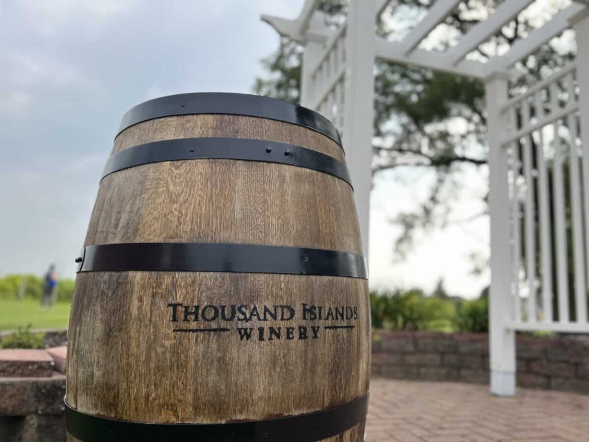 A barrel contains the words Thousand Islands Winery.