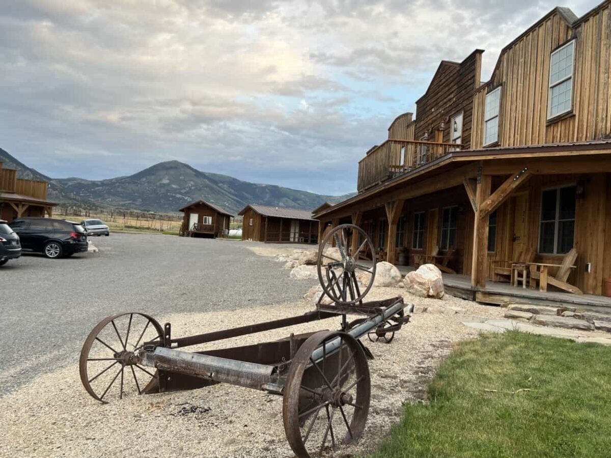 Mountains dominate the distant horizon as seen from outside the Almo Inn, Almo, Idaho.