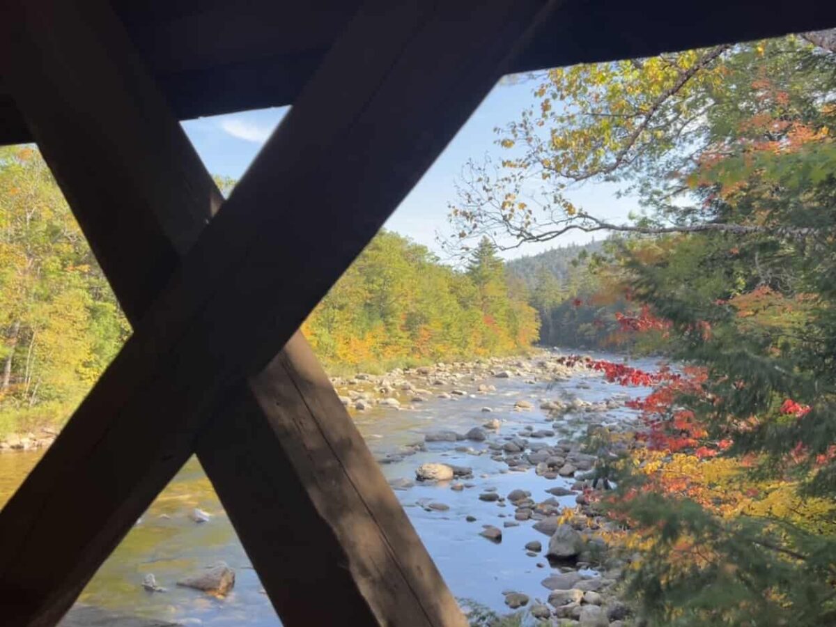 Looking at a river through the sides of a covered bridge.