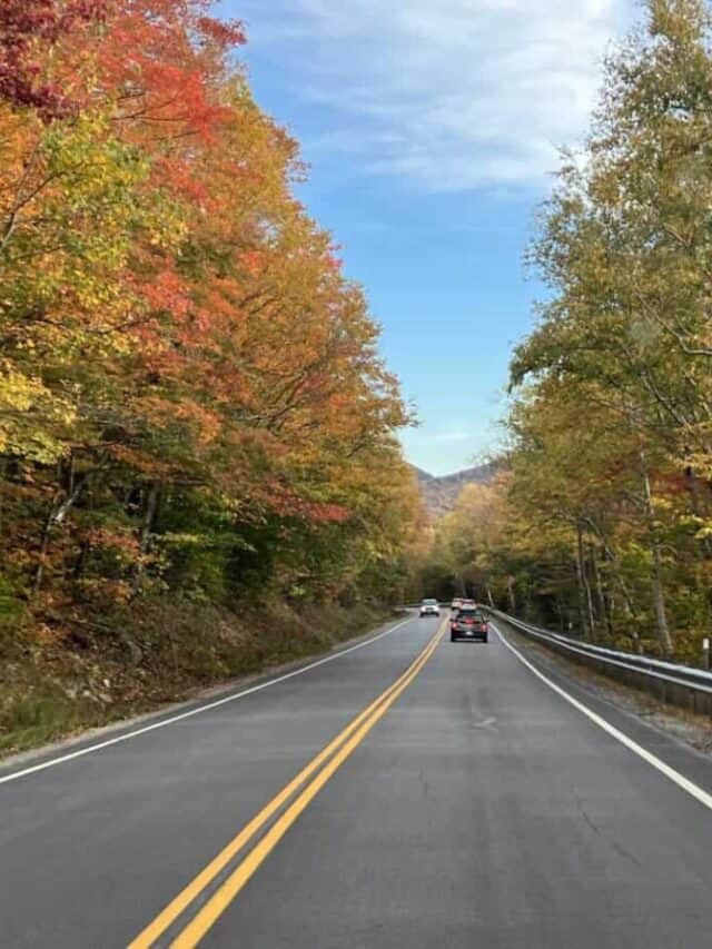 Cars drive on the Kancamagus Highway, NH.