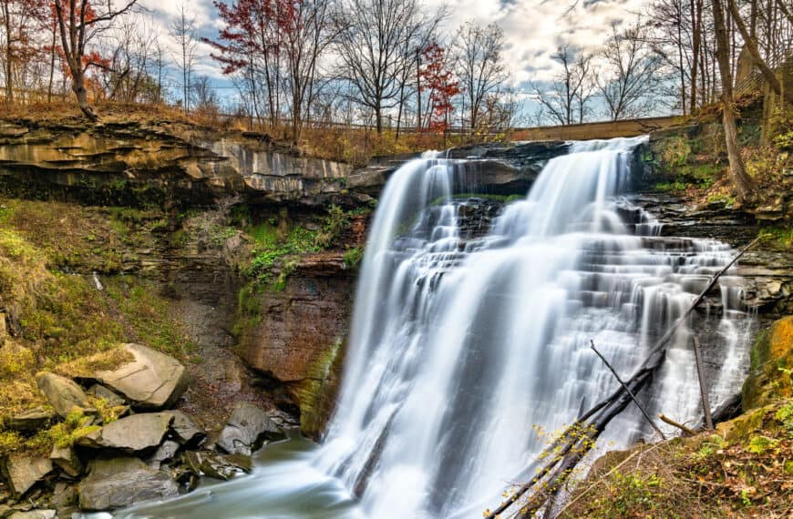 Water spills over a rocky ledge in Cuyahoga Valley Falls National Park, Ohio.
