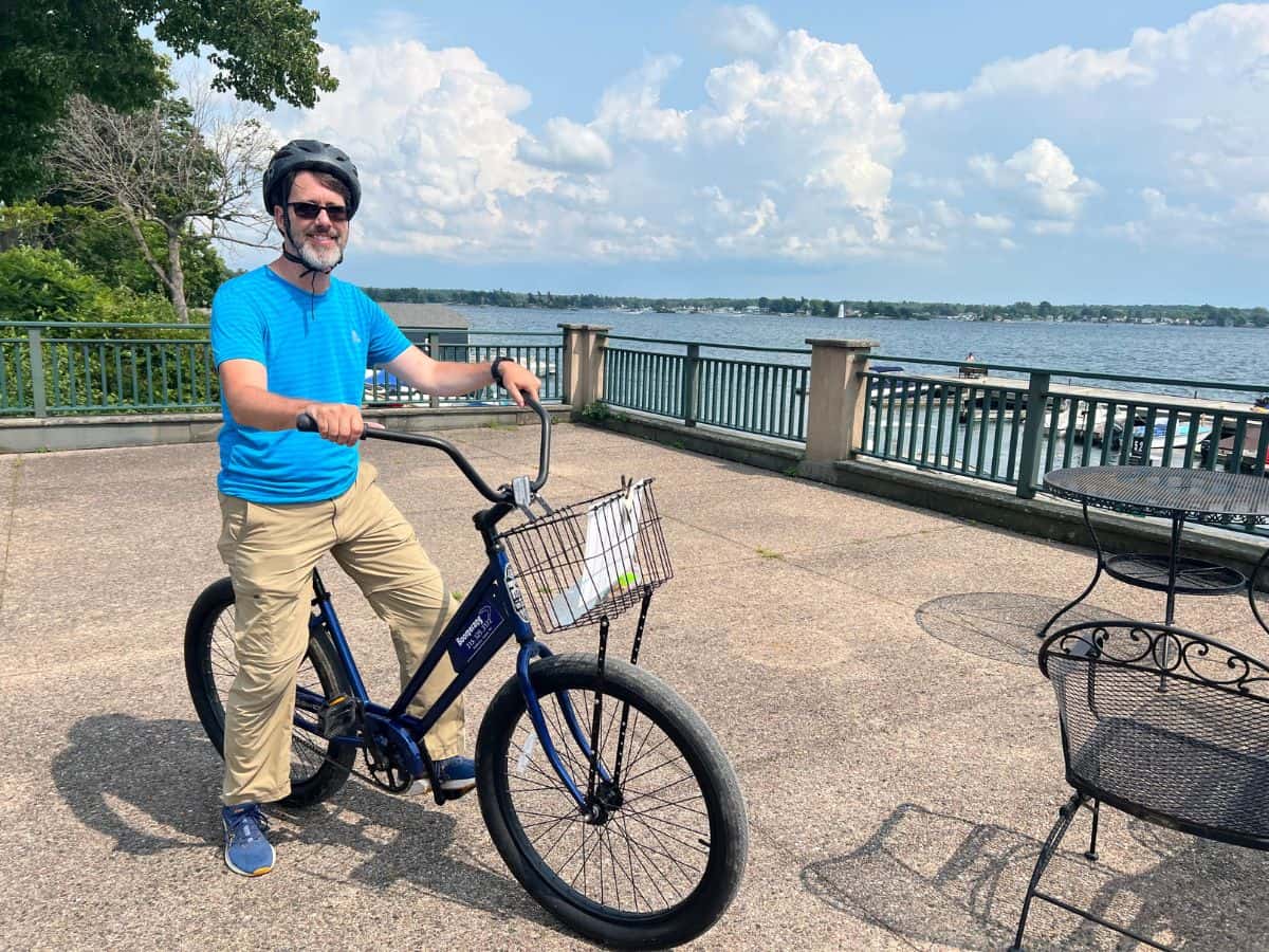 Scott McConkey, travel writer and founder of the Miles with McConkey Travel Blog, is ready for a bike ride in Thousand Island Park, New York.