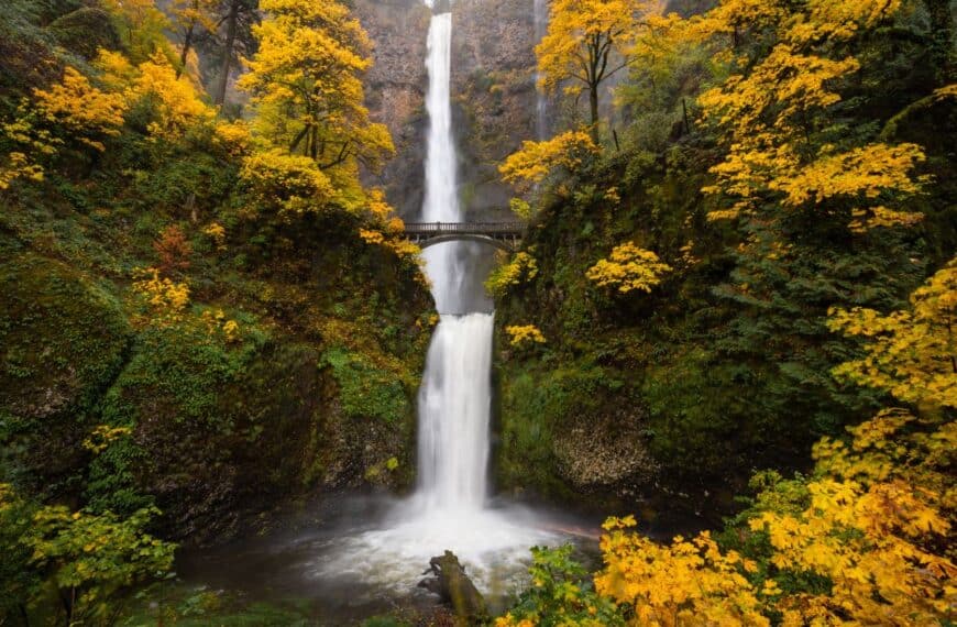 A towering waterfall spills in two tiers with a bridge between the tiers and yellow leaves adorning the surrounding trees