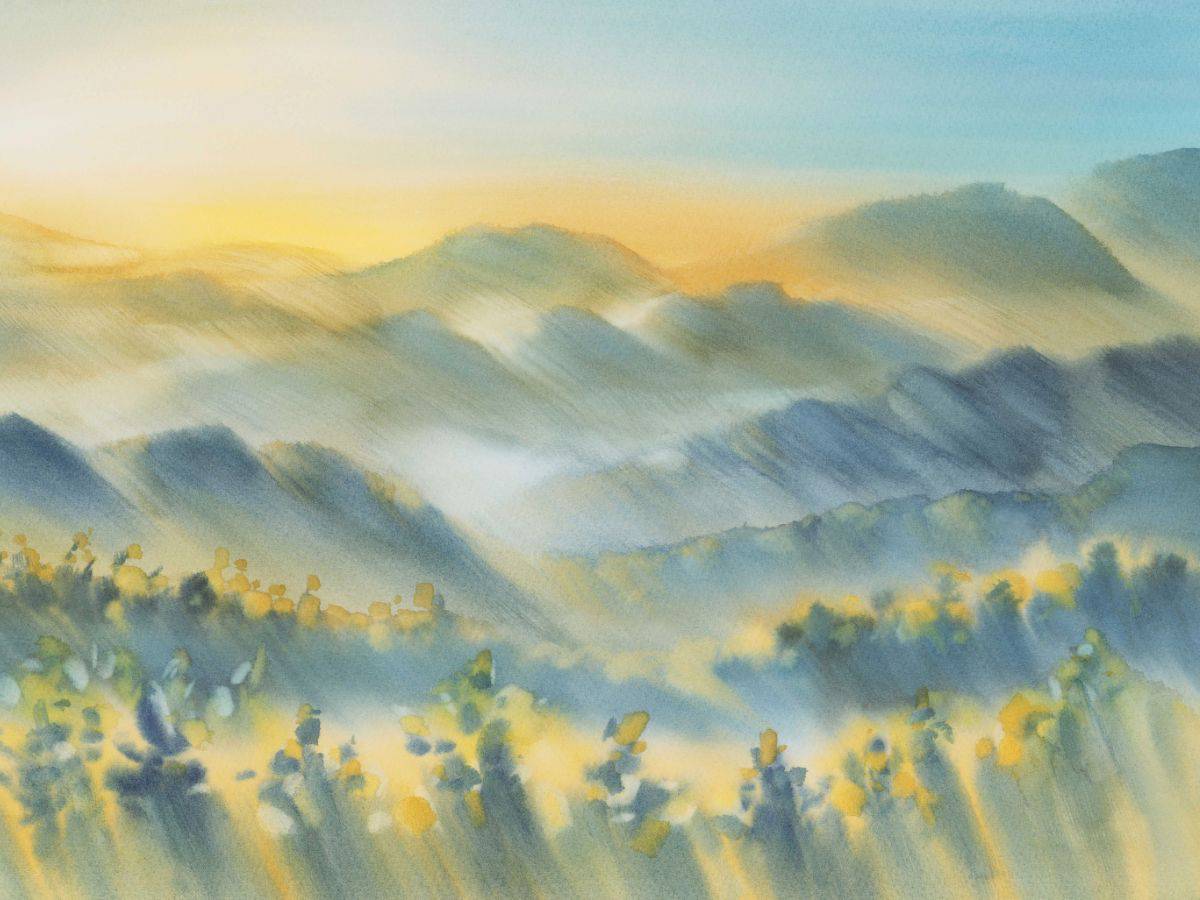 landscape painting with flower and mountains
