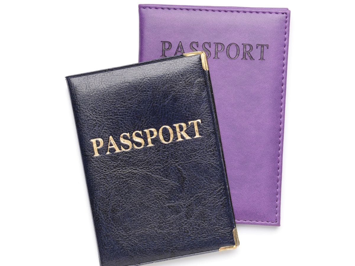 A black passport holder and a purple passport holder