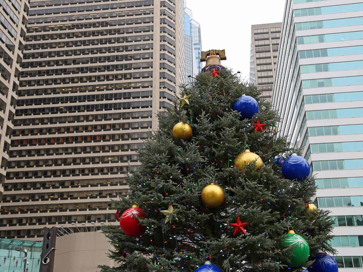 A Christmas tree in Philadelphia dons large colorful ornaments and is topped with a liberty bell.