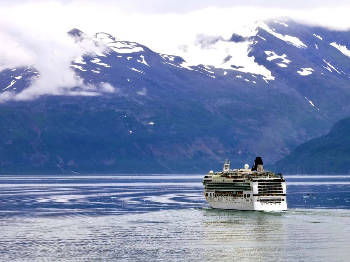 A cruise ship sails through Glacier Bay in Alaska