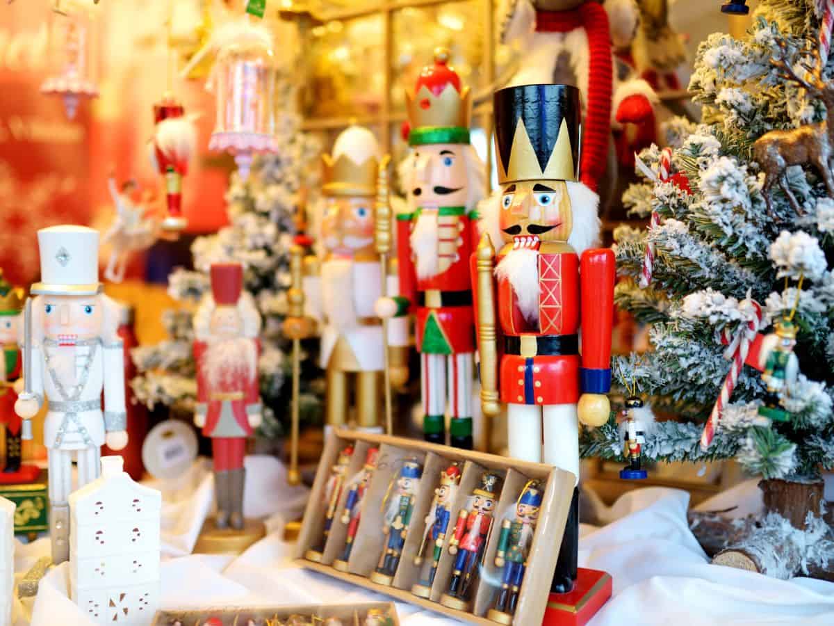 Nutcrackers stand on a display shelf