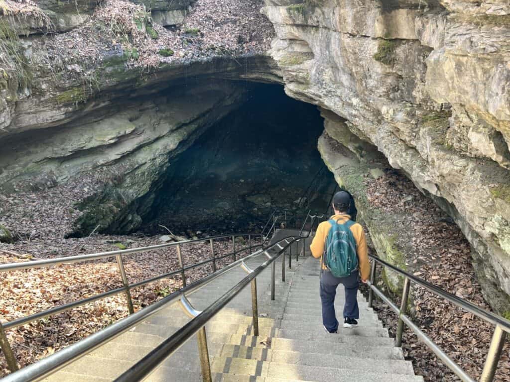 A man descends the stairs into Mammoth Cave, Kentucky