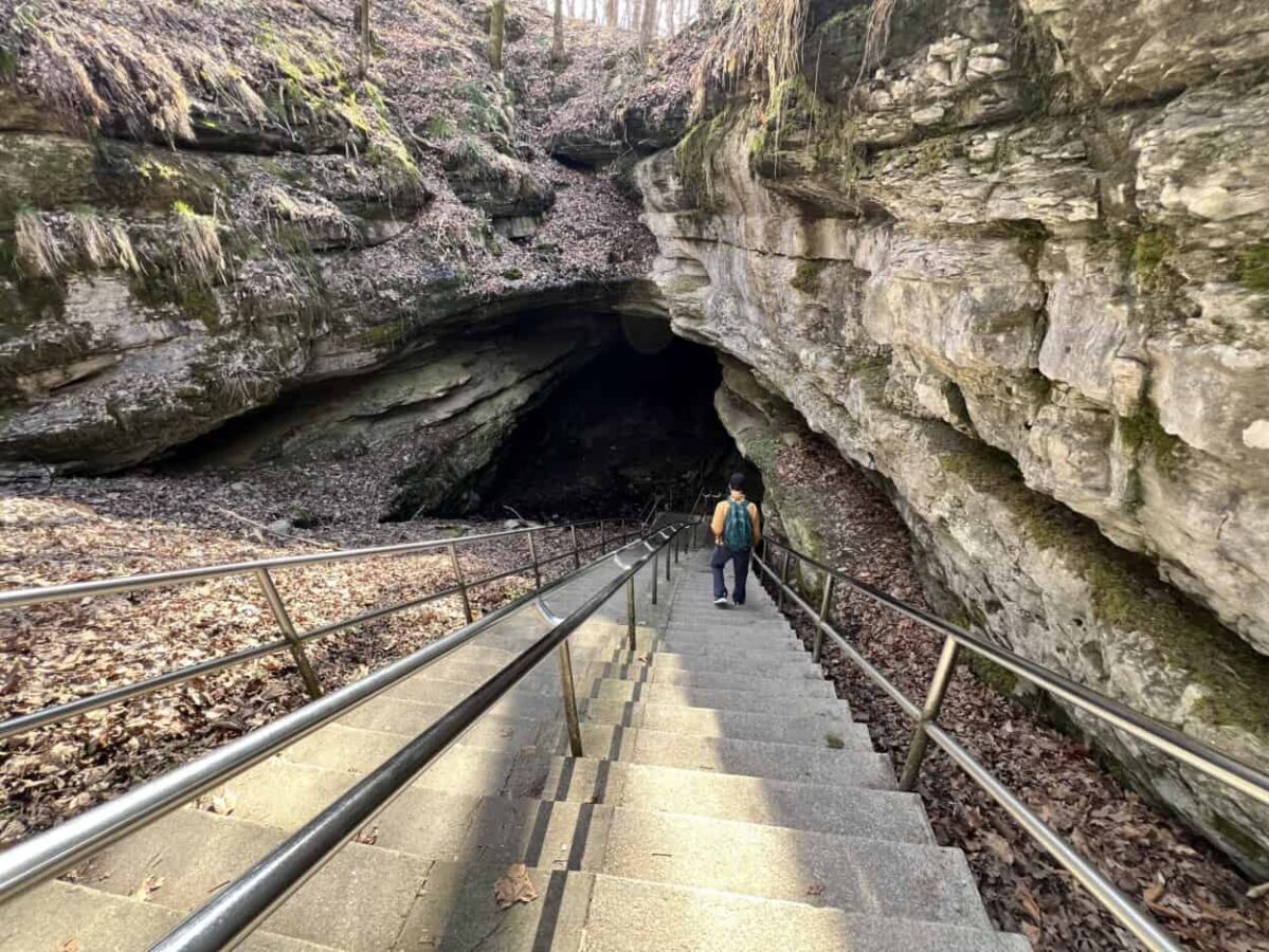 A man descends a long staircase into the main cave entrance at Mammoth Cave, KY