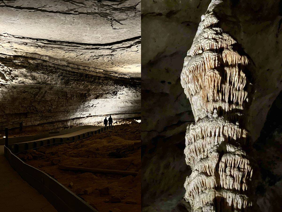 On the left a couple walks through Mammoth Cave and on the right a massive column touches a cave floor and ceiling.